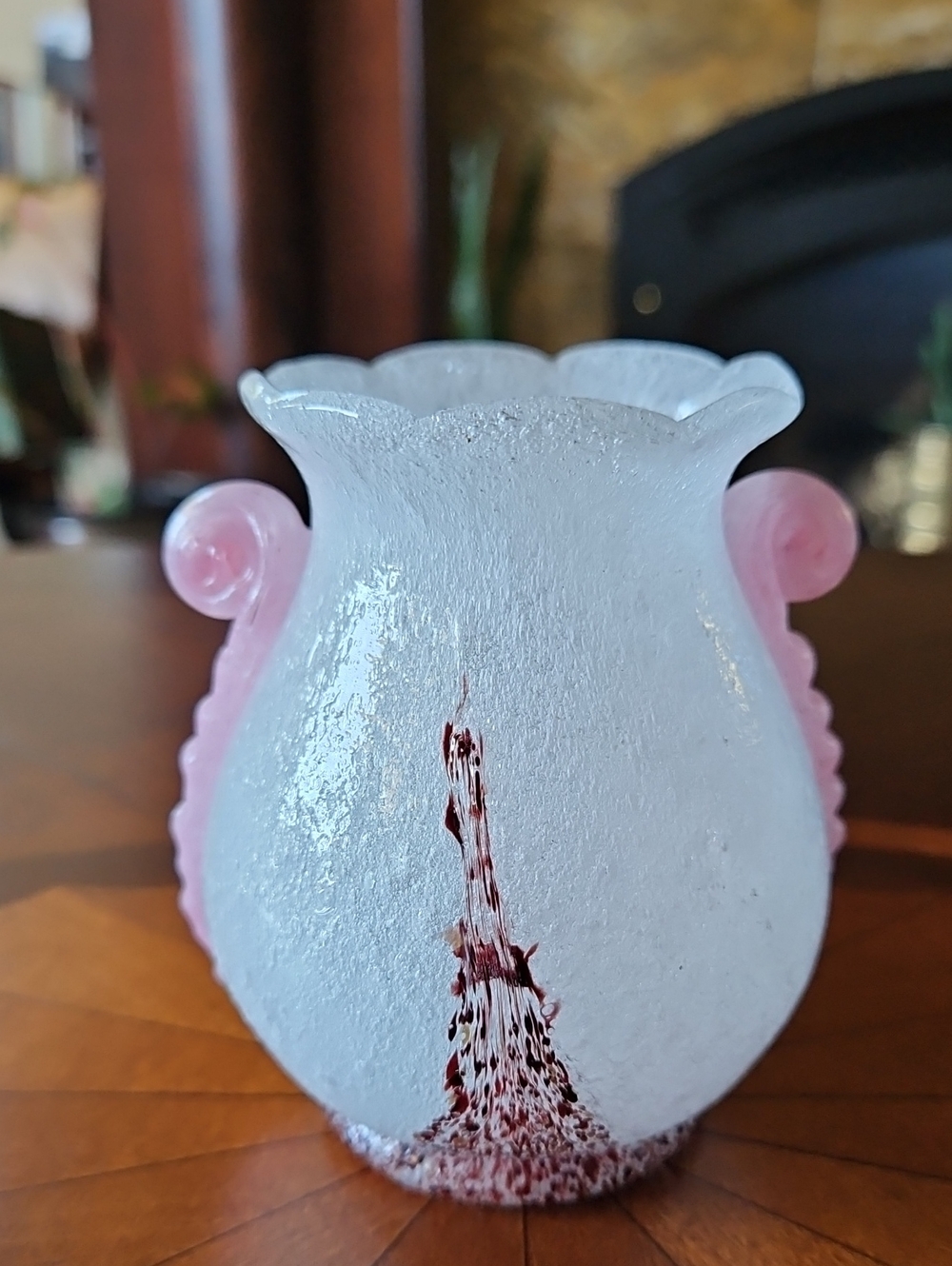 Rare 1940s Škrdlovice Czech Art Glass Pink Scroll Oxblood Vase Emanuel Beránek